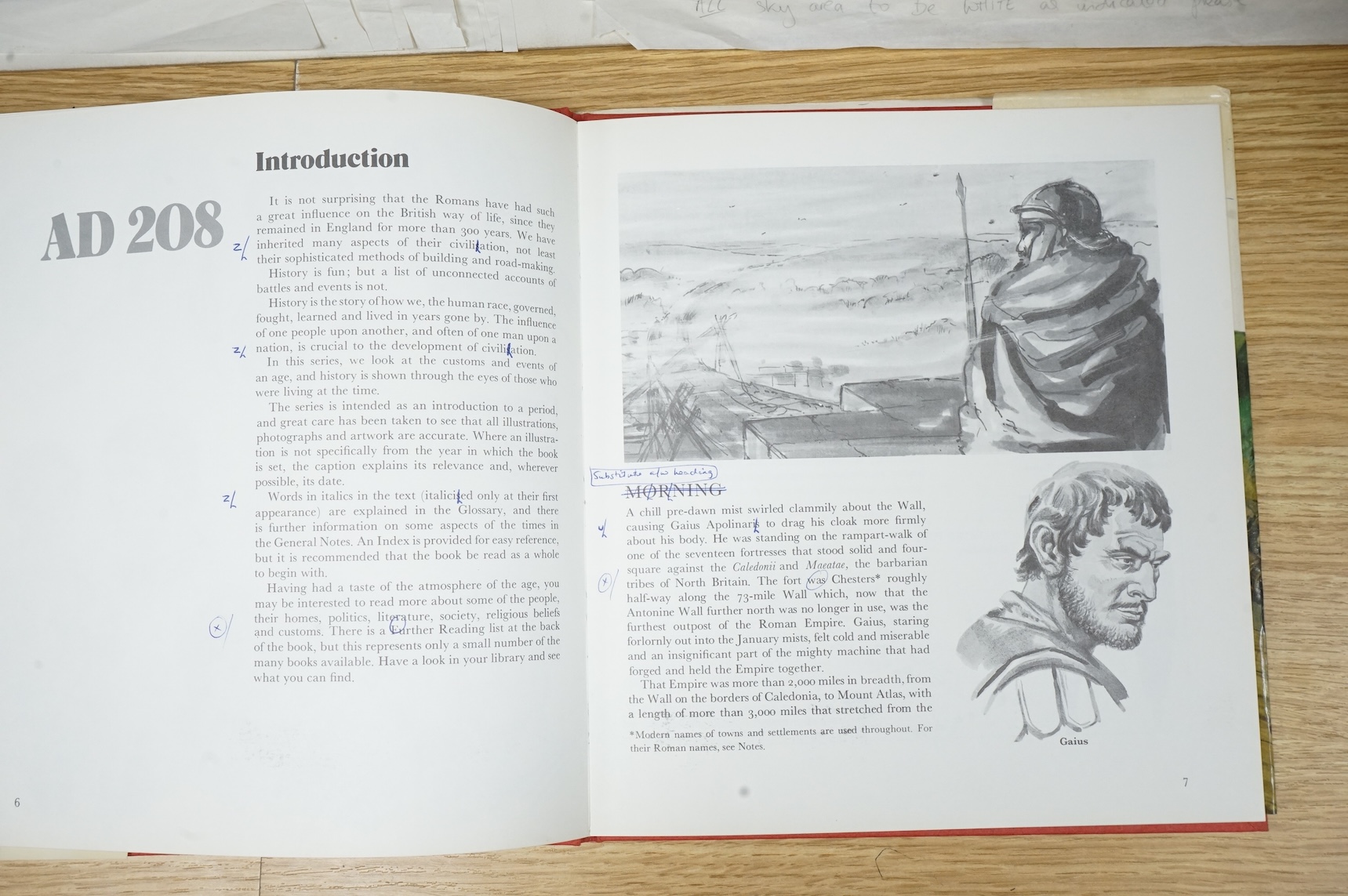 Peter Jackson (1922-2003), Illustrations from 'One day in Roman Britain' to include Portrait studies, Roman wall and Roman Baths, six watercolours, largest 34 x 71cm, unframed, together with two copies of the original bo